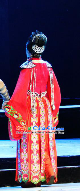 Chinese Huangmei Opera Tujia Nationality Bride Garment Costumes and Headdress Traditional Anhui Opera Actress Red Dress Apparels
