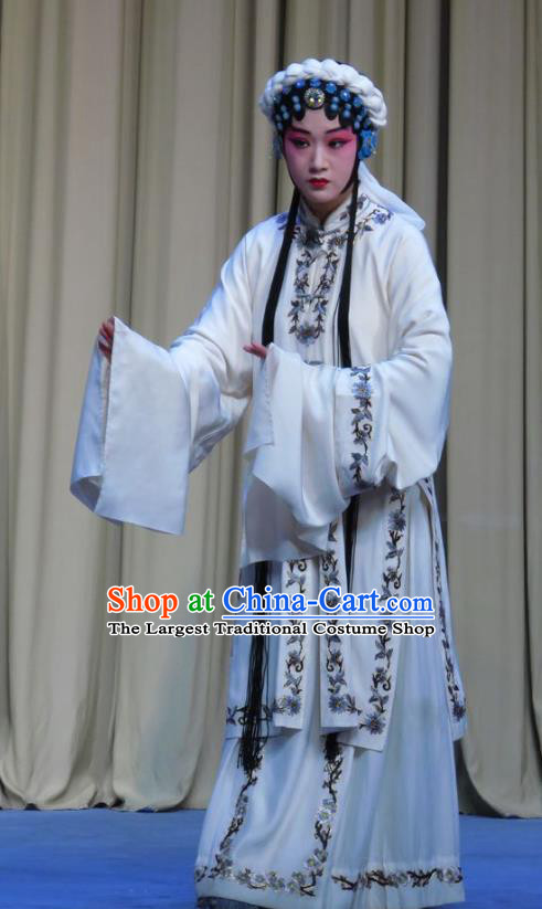 Chinese Ping Opera Zhu Hen Ji Distress Maiden Apparels Costumes and Headdress Traditional Pingju Opera Young Female Zhao Jintang White Dress Garment