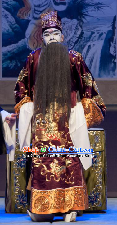 Chinese Ping Opera Treacherous Official Biao Bao Gong San Kan Butterfly Dream Costumes and Headwear Pingju Opera Laosheng Apparels Clothing