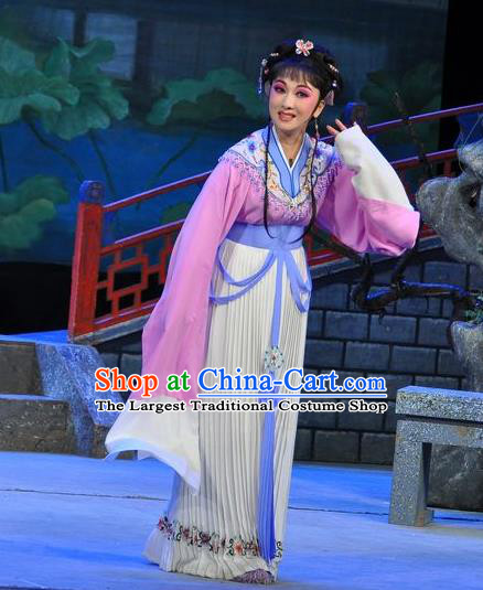 Chinese Shaoxing Opera Actress Dress Dream of the Red Chamber Yue Opera Costumes Apparels Maidservant Zi Juan Garment and Hair Jewelry