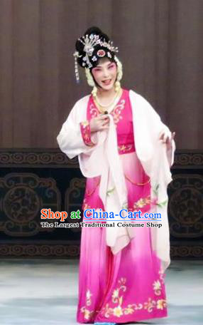 Chinese Ping Opera Patrician Lady Costumes The Wrong Red Silk Apparels and Headpieces Traditional Pingju Opera Hua Tan Rosy Dress Garment