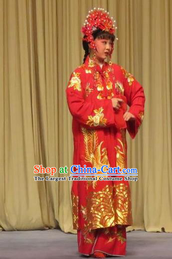 Chinese Ping Opera Bride Fei Jie Young Female Apparels Costumes and Headpieces Traditional Pingju Opera Hua Tan Red Dress Garment