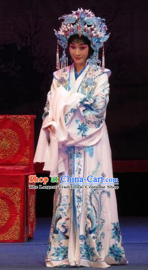 Chinese Ping Opera Yang Sanchun Apparels Costumes and Headdress The Five Female Worshipers Traditional Pingju Opera Hua Tan White Dress Garment