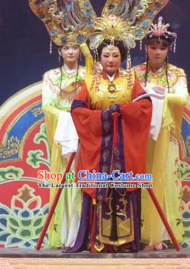 Chinese Ping Opera Goddess Queen Apparels Costumes and Headdress Legend of Love Traditional Pingju Opera Queen Mother Dress Garment