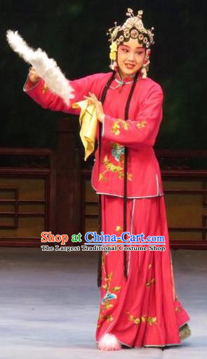 Chinese Ping Opera Young Female Apparels Costumes and Headdress Li Xianglian Selling Paintings Traditional Pingju Opera Diva Red Dress Garment