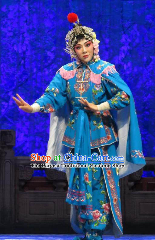 Chinese Ping Opera Female Swordsman Blue Costumes Apparels and Headpieces Yang Bajie You Chun Traditional Pingju Opera Wudan Dress Garment