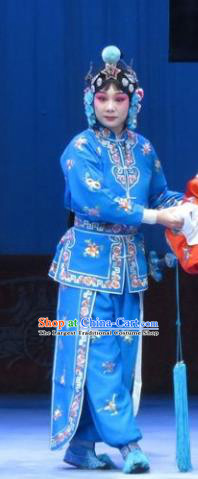 Chinese Ping Opera Wudan Martial Female Apparels Costumes and Headdress Traditional Pingju Opera San Kan Yu Mei Swordswoman Blue Dress Garment