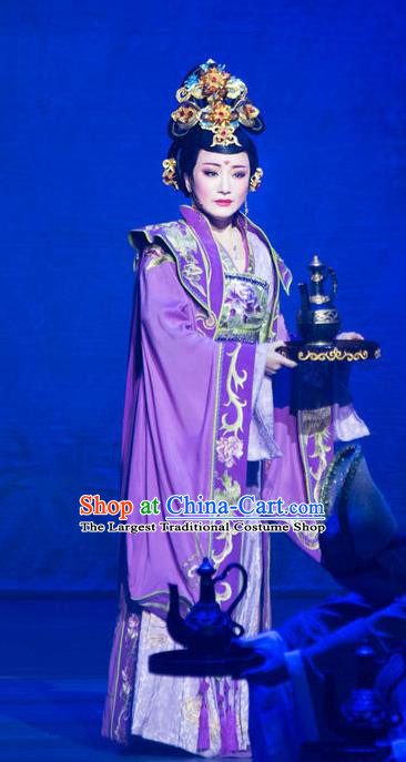 Chinese Shaoxing Opera Court Queen Purple Dress Costumes Zhen Huan Apparels Yue Opera Young Female Hua Tan Garment and Headdress