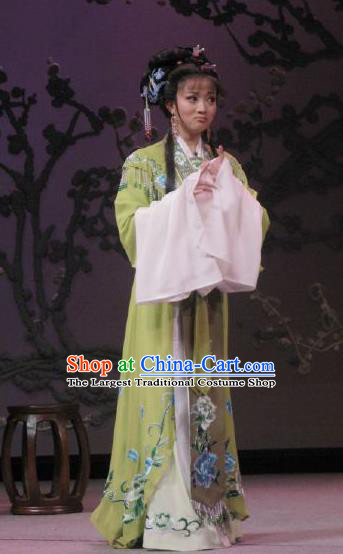 Chinese Shaoxing Opera Noble Lady Garment Shuang Yu Chan Yue Opera Hua Tan Costumes Actress Lv Biyun Green Dress Apparels and Headpieces