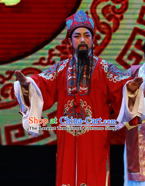 Chinese Yue Opera Ministry Councillor The Wrong Red Silk Apparels Shaoxing Opera Lao Sheng Costumes Elderly Male Garment and Headwear