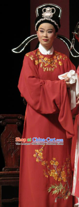 Chinese Yue Opera Young Man Costumes The Wrong Red Silk Shaoxing Opera Xiao Sheng Scholar Zhang Qiuren Apparels Garment and Hat