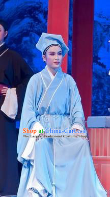 Chinese Yue Opera Young Man Role Costumes Flirting Scholar Tang Bohu Garment Shaoxing Opera Xiaosheng Niche Blue Robe Servant Apparels and Headwear