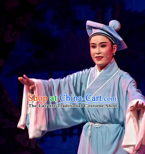Chinese Yue Opera Young Man Role Costumes Flirting Scholar Tang Bohu Garment Shaoxing Opera Xiaosheng Niche Blue Robe Servant Apparels and Headwear