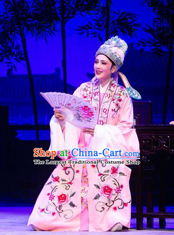 Chinese Yue Opera Niche Costumes Garment Shaoxing Opera Meng Lijun Apparels Young Male Scholar Pink Embroidered Cape and Hat