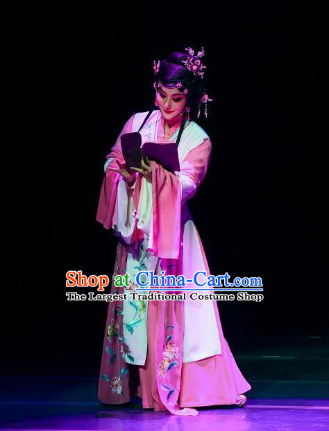 Chinese Shaoxing Opera Geisha Pink Dress Garment Dong Xiaowan And Mao Bijiang Yue Opera Hua Tan Costumes Young Male Apparels and Hair Accessories