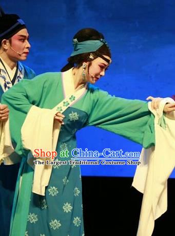 Chinese Shaoxing Opera Country Woman Green Dress and Headpiece Yue Opera Shuang Jiao Jie Qin Garment Costumes Actress Young Mistress Apparels