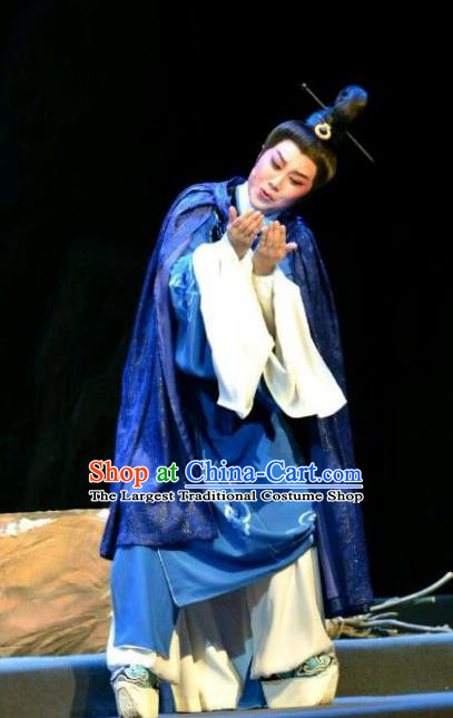 Chinese Yue Opera Xiaosheng Robe Feng Xue Yu Qiao Ji Costumes and Headpiece Shaoxing Opera Young Male Niche Apparels Scholar Blue Garment
