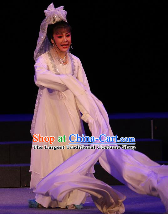 Chinese Shaoxing Opera Courtesan Costumes and Headdress Yue Opera The Ungrateful Lover Qing Tan Jiao Guiying Garment Apparels Hua Tan White Dress