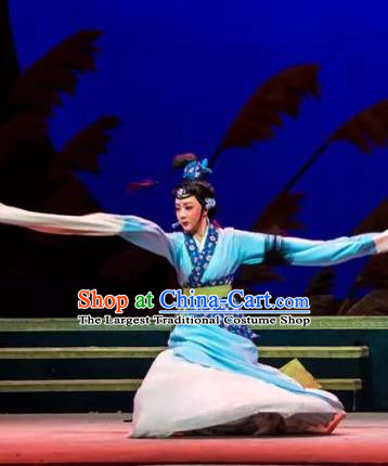 Chinese Shaoxing Opera Hua Tan Blue Costumes and Headpiece Changle Palace Yue Opera Garment Young Lady aActress Cao Huiniang Dress Apparels