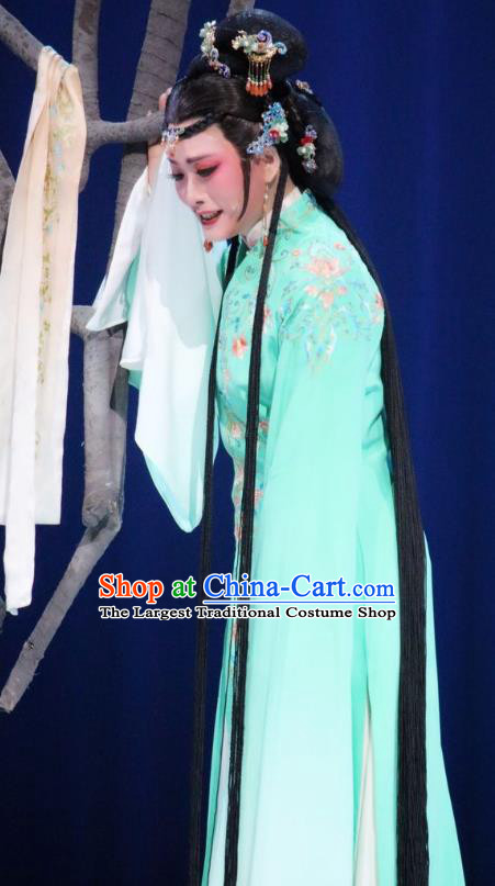 Chinese Shaoxing Opera Huadan Young Female Hui Niang Costumes and Hair Accessories Xiang Luo Ji Yue Opera Actress Garment Apparels Green Dress