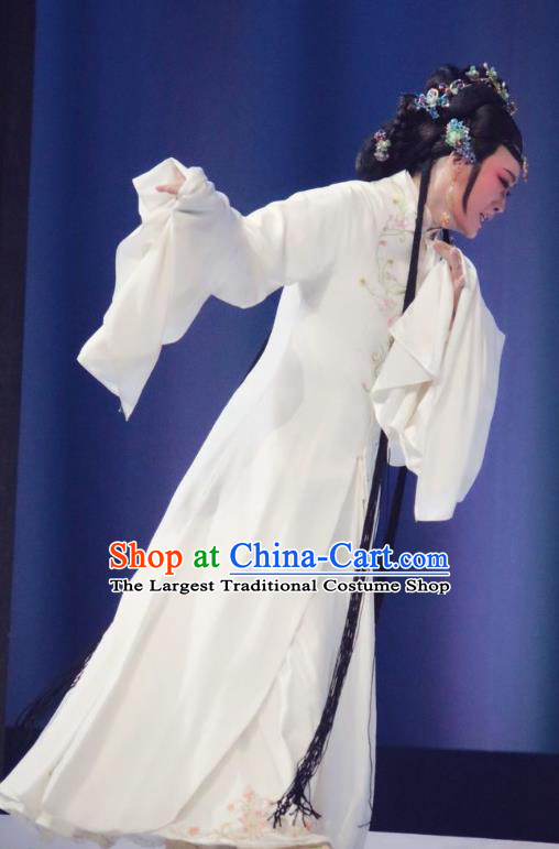 Chinese Shaoxing Opera Tsing Yi White Dress Young Female Hui Niang Costumes and Hair Accessories Xiang Luo Ji Yue Opera Actress Garment Apparels