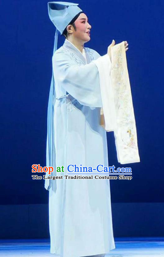 Chinese Yue Opera Scholar Zhang Apparels Xiang Luo Ji Costumes and Headwear Shaoxing Opera Xiaosheng Young Male Niche Garment