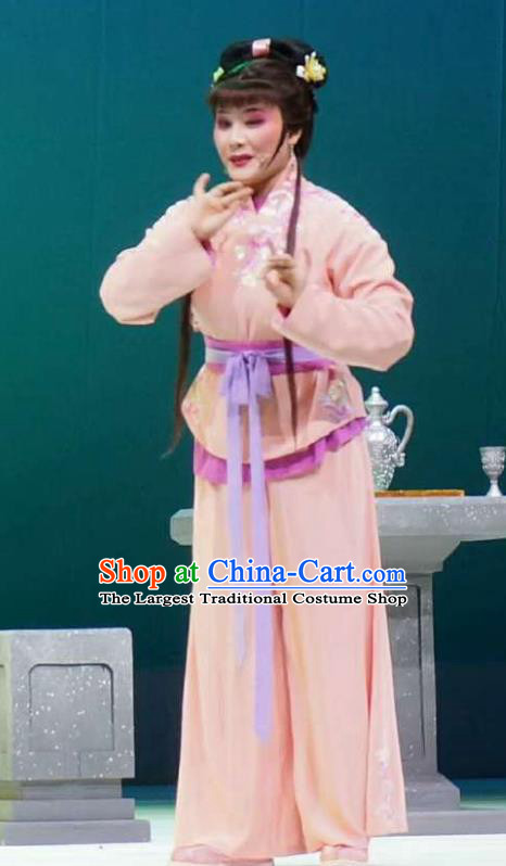 Chinese Shaoxing Opera Maidservant Costumes and Headpiece Xiang Luo Ji Yue Opera Xiaodan Garment Apparels Slave Girl Pink Clothing