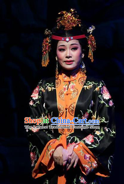 Chinese Shaoxing Opera Feng Jie Noble Dame Wang Xifeng Apparels Costumes and Hair Accessories Yue Opera Young Female Black Dress Garment