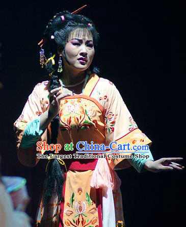 Chinese Shaoxing Opera Fisher Maiden Costumes and Hair Accessories Yue Opera Hua Tan Hai Ming Zhu Actress Garment Dress Apparels