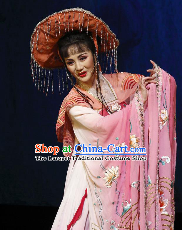 Chinese Shaoxing Opera Actress Pink Dress Apparels Costumes and Tassel Hat The Princess Messenger Farewell at Lakeside Yue Opera Hua Tan Dragon Princess San Niang Garment