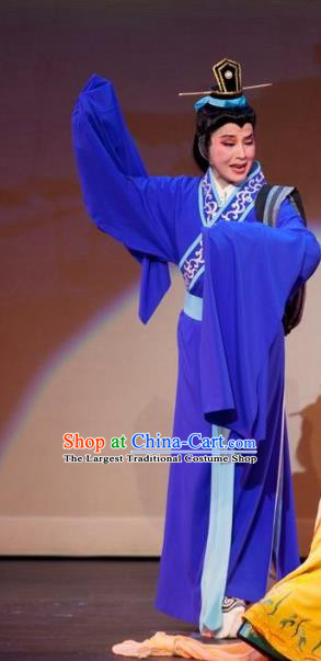 Chinese Yue Opera Young Man Scholar Liu Yi Apparels Costumes and Headwear The Princess Messenger Farewell at Lakeside Shaoxing Opera Xiaosheng Blue Robe Garment