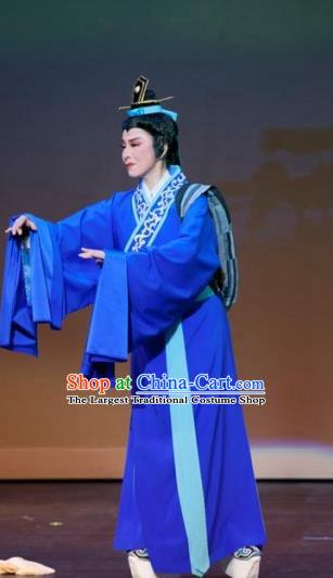 Chinese Yue Opera Young Man Scholar Liu Yi Apparels Costumes and Headwear The Princess Messenger Farewell at Lakeside Shaoxing Opera Xiaosheng Blue Robe Garment