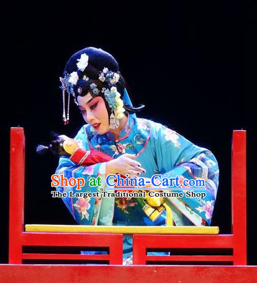 Chinese Beijing Opera Young Female Apparels Costumes and Headdress Nan Hai Zi Traditional Peking Opera Qing Dynasty Imperial Consort Blue Dress Garment
