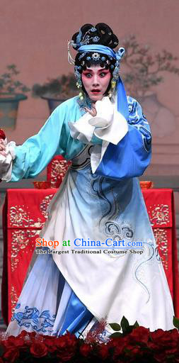 Chinese Beijing Opera Distress Maiden Zhang Shangzhu Apparels Costumes and Headdress Tell On Sargam Traditional Peking Opera Young Female Blue Dress Garment