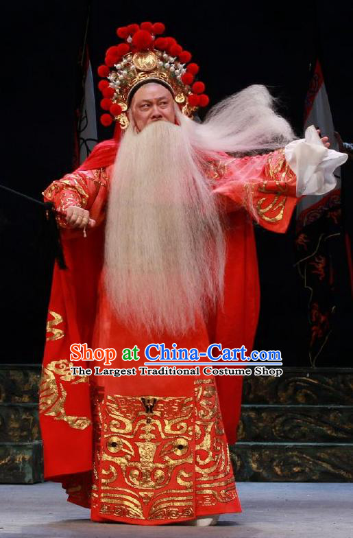 Chun Qiu Er Xu Chinese Peking Opera Elderly Official Wu Zixu Garment Costumes and Headwear Beijing Opera Elderly Male Apparels Minister Red Clothing