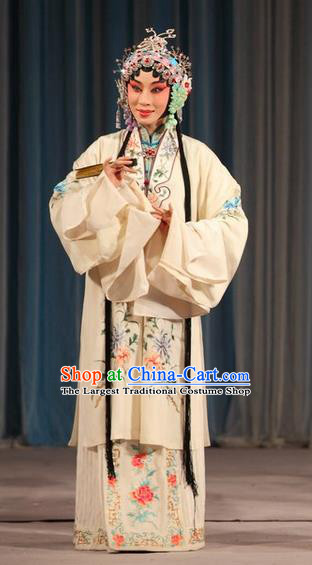 Chinese Beijing Opera Young Female Liu Yuyan Apparels Costumes and Headdress Tao Hua Cun Traditional Peking Opera Diva White Dress Actress Garment
