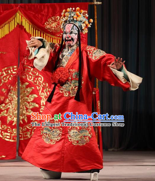 Tao Hua Cun Chinese Peking Opera Martial Man Garment Costumes and Headwear Beijing Opera Bridegroom Apparels Bully Zhou Tong Clothing