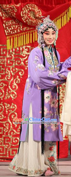 Chinese Beijing Opera Hua Tan Liu Yuyan Apparels Costumes and Headdress Tao Hua Cun Traditional Peking Opera Actress Diva Purple Dress Garment