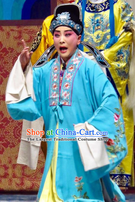 San Kan Yu Mei Chinese Ping Opera Niche Blue Costumes and Headwear Pingju Opera Young Male Apparels Scholar Feng Jiajin Clothing