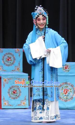 Chinese Ping Opera Hua Tan Blue Apparels Costumes and Headpieces Traditional Pingju Opera Zhou Ren Xian Sao Actress Dress Garment