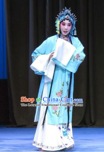 Chinese Ping Opera Hua Tan Apparels Costumes and Headdress Traditional Pingju Opera Zhou Ren Xian Sao Actress Diva Blue Dress Garment