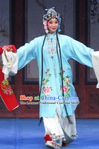 Chinese Ping Opera Actress Apparels Costumes and Headdress Traditional Pingju Opera Tao Li Mei Diva Yutao Blue Dress Garment