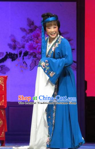 Chinese Ping Opera Tsing Yi Zhang Shangzhu Apparels Costumes and Headpieces Tell on Sargam Traditional Pingju Opera Distress Maiden Blue Dress Garment