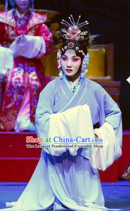 Chinese Ping Opera Distress Maiden Apparels Costumes and Headpieces Da Song Zhong Yi Zhuan Traditional Pingju Opera Noble Consort Li Dress Garment