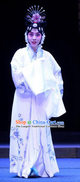 Chinese Ping Opera Young Female Apparels Costumes and Headpieces Da Song Zhong Yi Zhuan Traditional Pingju Opera Hua Tan White Dress Garment
