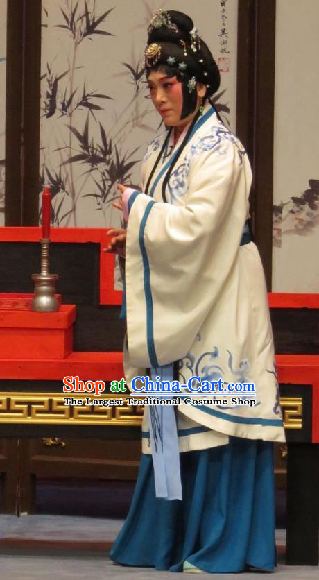 Chinese Ping Opera Tsing Yi Liu Lanzhi Apparels Costumes and Headpieces Southeast Fly the Peacocks Traditional Pingju Opera Distress Woman White Dress Garment