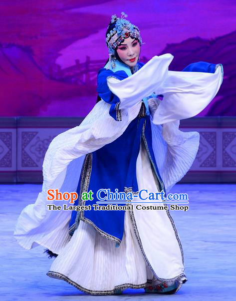 Chinese Beijing Opera Tsing Yi Apparels Actress Costumes and Headdress Han Yuniang Traditional Peking Opera Distress Maiden Blue Dress Actress Garment