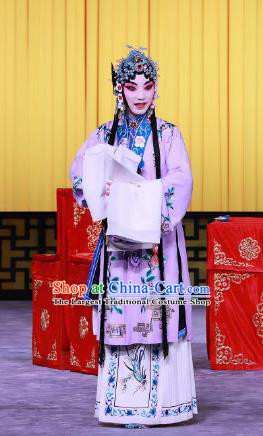 Chinese Beijing Opera Noble Woman Apparels Zhan Tai Ping Costumes and Headdress Traditional Peking Opera Young Mistress Purple Dress Garment