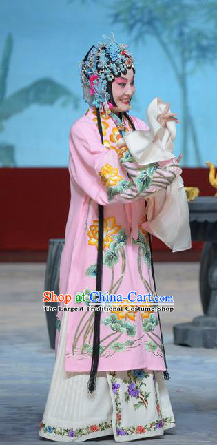 Chinese Beijing Opera Young Beauty Apparels Su Xiaomei Costumes and Headpieces Traditional Peking Opera Diva Pink Dress Courtesan Wen Juan Garment
