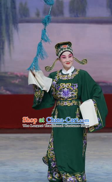 Su Xiaomei Chinese Peking Opera Niche Garment Costumes and Headwear Beijing Opera Young Male Apparels Scholar Green Clothing